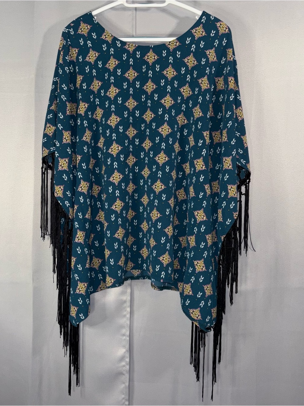 Wrangler Teal Aztec Southwestern Fringe Kimono Poncho Top M